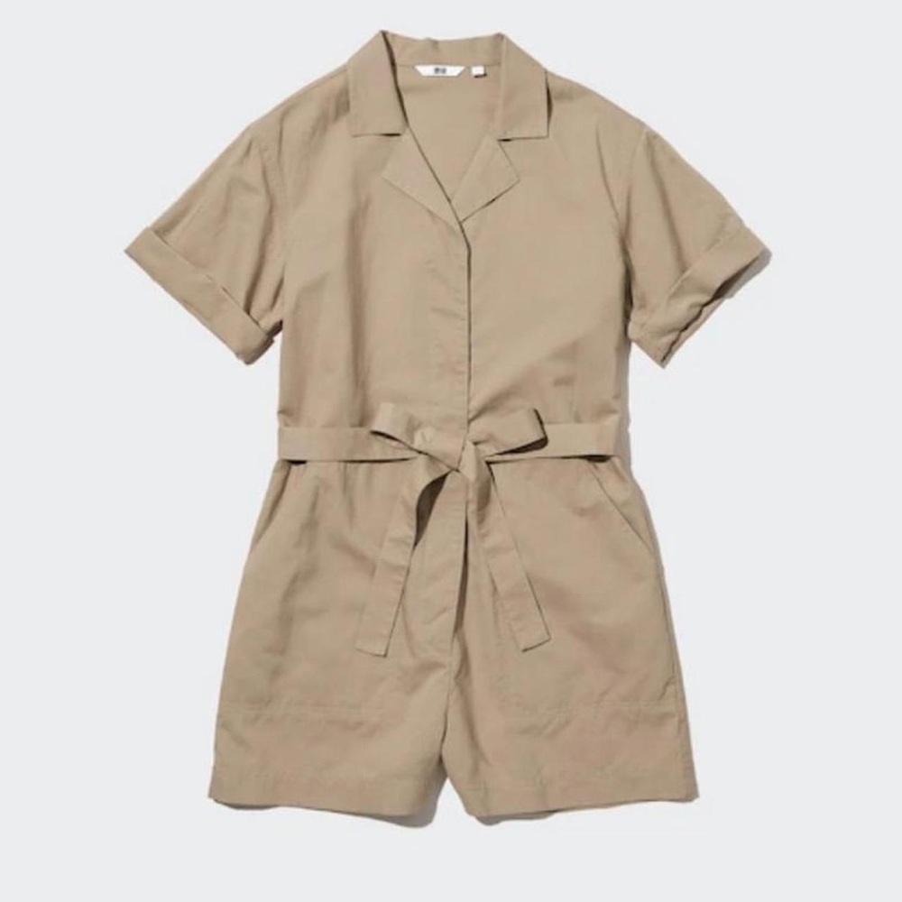 Uniqlo Linen Blend Beige Short Sleeve Jumpsuit Romper